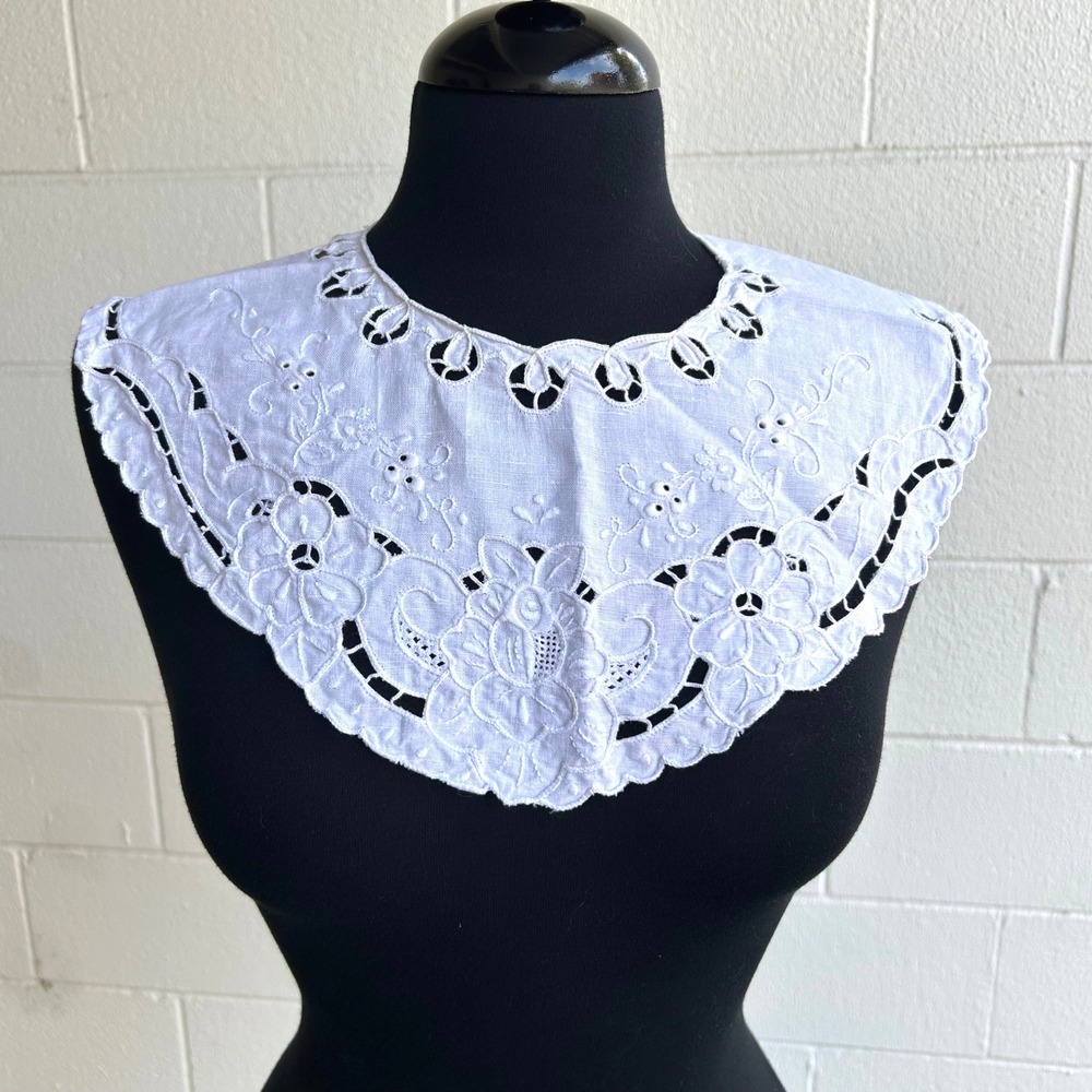 Vintage Handmade White Batten Lace Collar Cotton/Linen Detachable